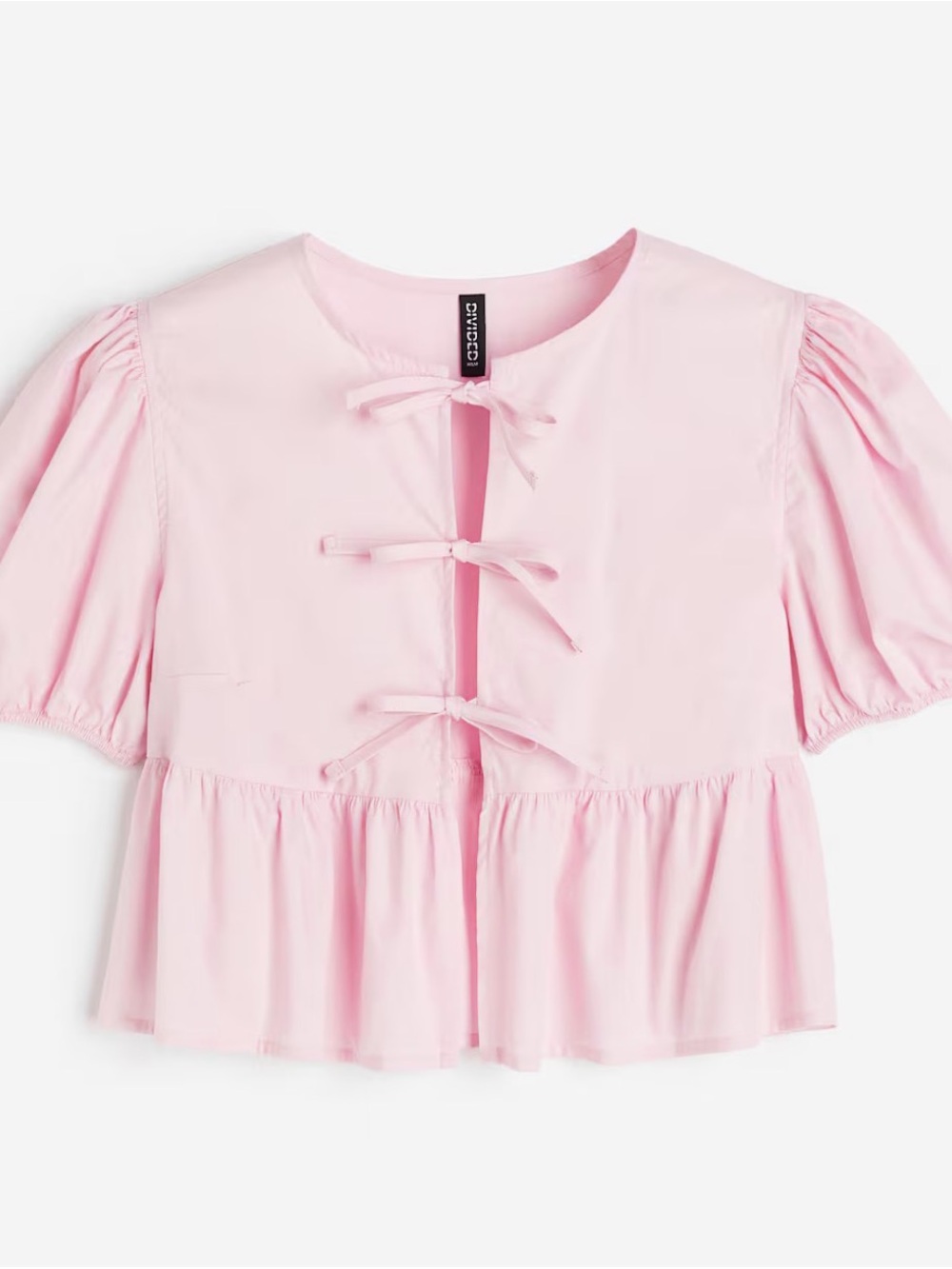 Divided Light Pink Peplum Top with Bow Detail